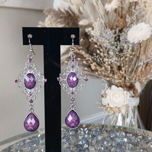 New Women's Multi Faceted Purple Silver Statement Large Dangle Earrings